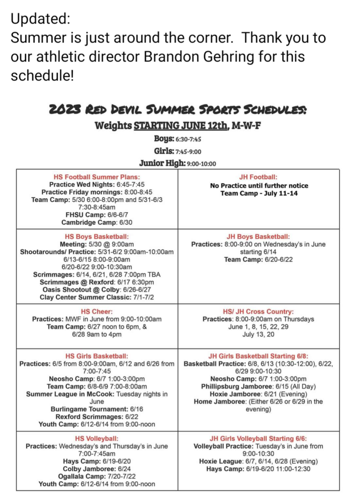 Updated Summer Sports Schedules | Oberlin USD 294